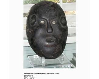 Indonesian Black Clay Mask on Lucite Stand, CIRCA 1940 , 13”H x 11”W,  MAS-02B