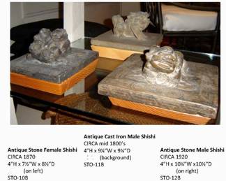 Antique Stone Female Shishi, CIRCA 1870,  4”H x 7½”W x 8½”D,  STO-10B (on left);  Antique Stone Male Shishi, CIRCA 1920,  4”H x 10¼”W x10½”D,  STO-12B (on right);  Antique Cast Iron Male Shishi, CIRCA mid 1800’s,
4”H x 9¼”W x 9¼”D, STO-11B (background)