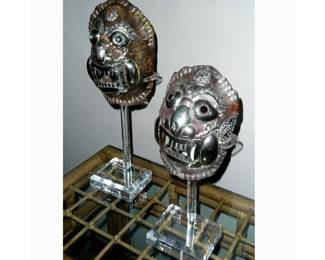 Pair of Metal on Tortoise Shell Masks on Lucite Stands
CIRCA 1950 , approx 20”H x 9”W x 7”D,  MAS0-1B