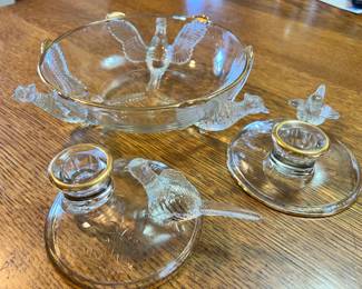 Rare Vintage Jeanette Glass Pheasant Bowl And Candle Holders - lovely glass with gold trim
