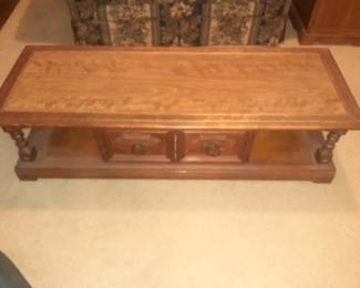 Coffee table. 16 x 60 x 22. Bottom has storage area. Bring Help it's located in basement