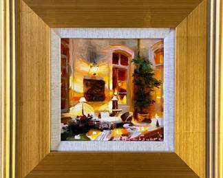 One NIght in Florence original oil on panel in museum European gold linen lined framed 12 x12"