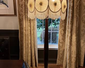 Bridgerton Era Lamp --Finest Antique Tall lamp lovely rose fabric large shade and original fringe in  on light need replacing otherwise excellent condition are a rare beauty.