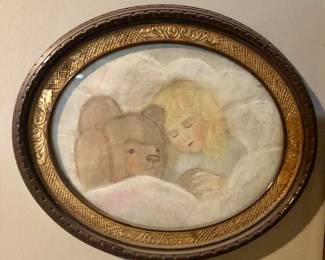Goldilocks and Teddy sleeping original pastel in antique frame