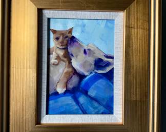 "Getting Some Snuggles" original oil painting on board -new with new wood washed gold finish and linen liner