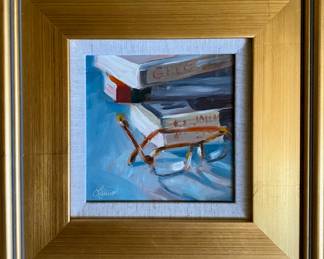 "Must Love Reading". original oil on panel in linen linen European gold museum wood frame 12x12" framed