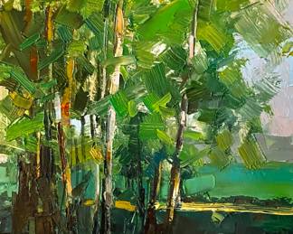 Tennessee Green: Dancing Trees original oil on pnael 13x13" framed