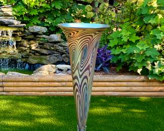 Lundberg, award winning "Golden Vangogh Tall Trumpet Vase ( repaired line under metal vase)