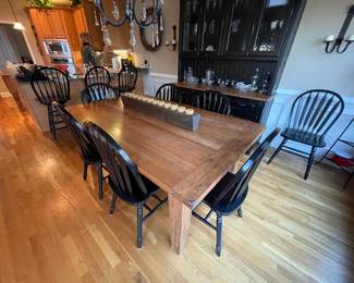 gorgeous custom-made 6' table with 2 extra leafs; 8 black chairs (hutch not for sale)
