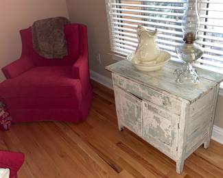 red swivel chair; primitive washstand