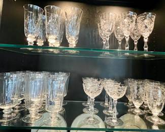 Fostoria "Navarre" Etched Glass stemware; Lenox water/iced tea glasses