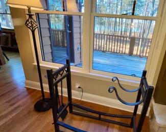 selection of floor lamps; fireplace tools & log holder