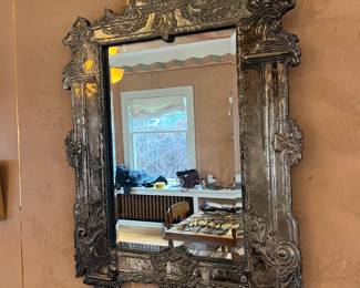 $290. Vintage mirror. 28"w x 40"h Tin stamped frame, beveled glass.