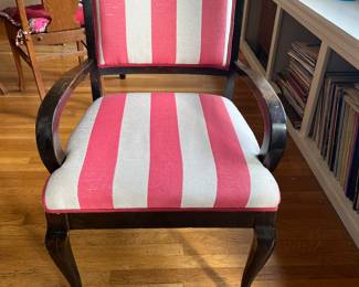 $40. One of a pair of red striped chairs. 20.5"w x 19.5"d x 33.3"h.  Second one is in need of recovering and new fabric is included
