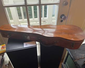 Beautiful wood case holding the violin, which will be for sale in person shopping only