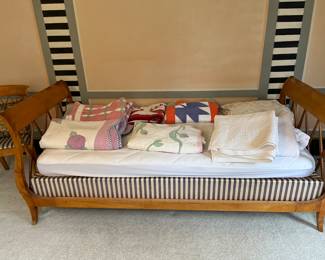 Vintage linens for sale during in person shopping hours Friday and Saturday only.  Bed sold in another photo.