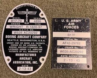 US 1943 Military Aircraft B17 Data PlatesRepro