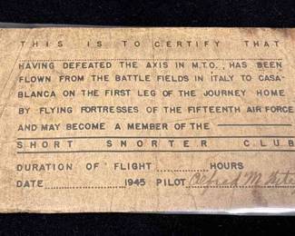 Short Snorter Club Certificate
