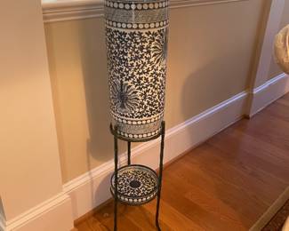 Maitland Smith blue & white ceramic vase? umbrella stand? in iron frame