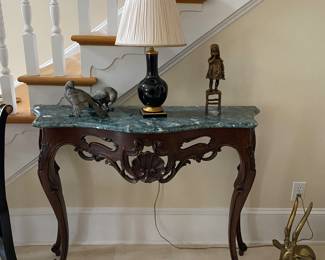 Marble Top Carved Wood Demilune Console