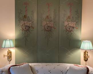 Hand painted canvas covered 3 panel folding screen