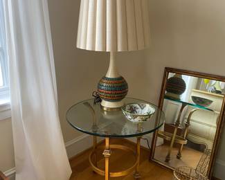 Mid-century lamp & glass & brass end table
