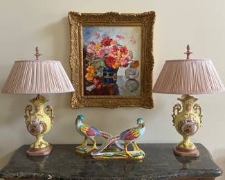 Pair hand painted porcelain lamps, ceramic pheasants & original painting
