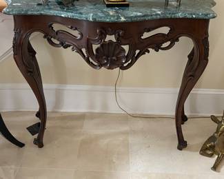 Marble Top Carved Wood Demilune Console