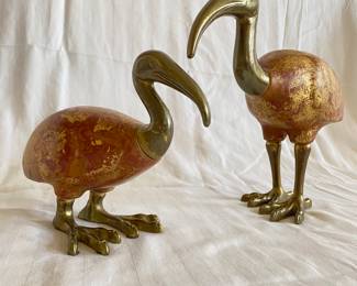 Pair wood & brass birds
