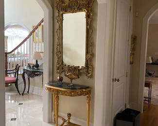 Large Gilt Wood Mirror & Gilt Wood Marble Top Demilune Console
