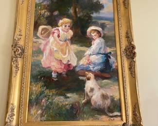 Arge original painting - girls & dog
