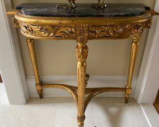 Gilt Wood Marble Top Demilune Console
