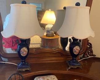 Pair hand painted cobalt lamps