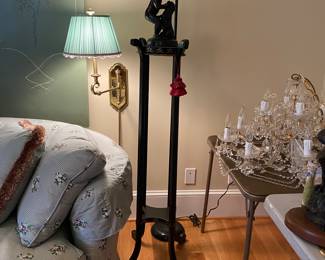 Maitland Smith torchere stand - Maitland Smith bronze boy & dog sculpture - Pair brass wall lamps - Crystal chandelier