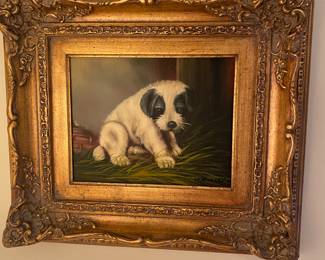 Puppy painting - ornate gilt wood frame