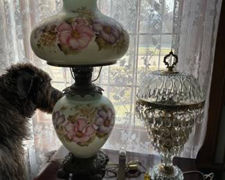 Gorgeous Hurricane Lamp & Absolutely Fabulous Vintage Michelotti Clear Crystal Prism Boudoir Table Lamp 19”