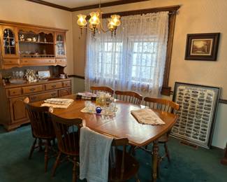 Huge Gateleg Drop-Leaf Table w/ 6 Chairs & Leaf; China Cabinet (one-side is in the ‘dropped’ position in the picture)