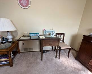 Vintage 1970’s Kenmore 1400 Sewing Machine w/ Accessories & Cabinet;  Duncan Phyfe Harp Chair