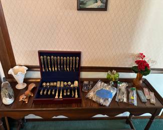 Gold-Toned Flatware Service For 12 in Box;  Silver-Plated Flatware; Souvenir Spoons