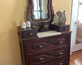 Antique Victorian Dresser with Marble Insert and Carved Mirror!