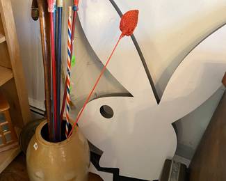 Antique crock and Playboy coffee table 