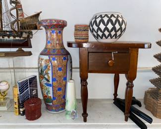 Asian vase, miniature model desk, Native American black and white pottery