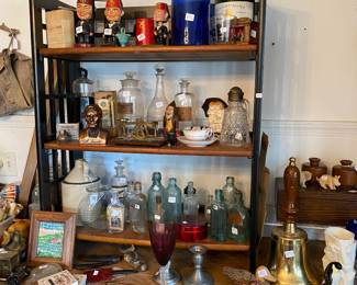 Vtg. Bottles,, glass, Shriner’s bobble heads , lg. school bell