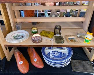 Wooden shoe forms, blue and white dishes 