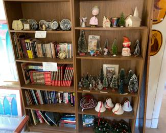 Bookshelves full of Christmas items
