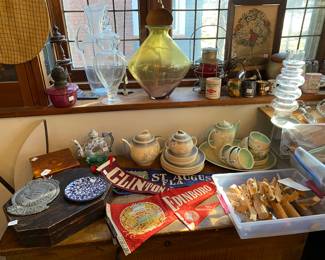 Vtg. China, pennants, folk art wood angels, glass and pottery 