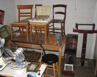 table and chairs, old fans, shelf and more