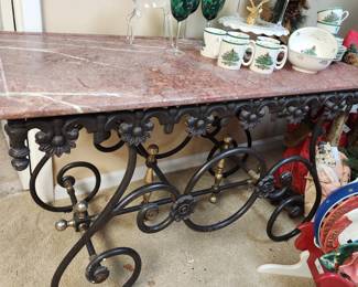 Marble Top with Iron and Brass Scroll Base