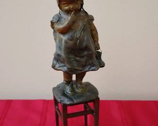 Little Girl Standing on a Stool bronze statue by Spanish artist "Juan Clara" who lived from 1875-1958.  14" Tall.