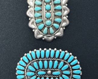 Many signed Sterling and Turquoise Native American Jewelry Pieces. Brooches.
Phillip & Virginia Byjoe, Navajo, and HV
